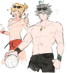 Rule 34 | 2boys, ;d, alhaitham (genshin impact), antenna hair, ball, biceps, black shorts, black wristband, blonde hair, blush, chest jewel, closed mouth, collarbone, commentary, cowboy shot, cropped legs, drawstring, earrings, english commentary, eyewear on head, fang, frown, gem, genshin impact, green eyes, green gemstone, green hair, green wristband, grey hair, hair between eyes, hair bun, hair over one eye, hand up, highres, holding, holding ball, jewelry, kaveh (genshin impact), looking at viewer, male focus, male swimwear, mmme0709, multicolored hair, multiple boys, muscular, muscular male, navel, necklace, nipples, one eye closed, one eye covered, open mouth, parted bangs, pectorals, red eyes, red shorts, red wristband, serious, shorts, sidelocks, simple background, single hair bun, skin fang, smile, sparkle, star (symbol), stomach, sunglasses, swept bangs, swim trunks, topless male, v, v-shaped eyebrows, volleyball (object), white background, wristband