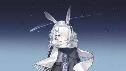 Rule 34 | 1girl, absurdres, animal ears, arknights, black jacket, clothes writing, ear ornament, extra ears, frostnova (arknights), gradient sky, grey eyes, hair ornament, hair over one eye, hairclip, highres, jacket, jiuyu qame, long hair, looking at viewer, night, outdoors, rabbit ears, rabbit girl, scar, scar on face, scar on nose, scarf, shooting star, sky, solo, star (sky), starry sky, upper body, white hair, white scarf