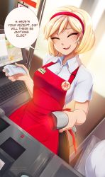 Rule 34 | 1girl, 2019, :d, ^ ^, apron, bad id, bad pixiv id, barcode scanner, blonde hair, blush, breasts, cash register, cashier, character name, closed eyes, collared shirt, commentary, earrings, english commentary, english text, hairband, highres, holding scanner, imminent rape, indoors, jewelry, merunyaa, name tag, open mouth, original, pov, receipt, red apron, red hairband, sammy (bestsammy), scanner, shirt, shop, short hair, short sleeves, signature, smile, solo, speech bubble, sweatdrop, teeth, white shirt, wing collar