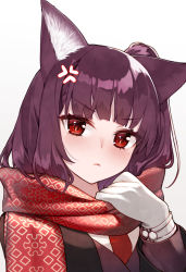 Rule 34 | 1girl, animal ears, blunt bangs, blush, closed mouth, enpera, fox ears, girls&#039; frontline, gloves, hand up, highres, hoshi usagi, looking at viewer, official alternate costume, original, purple hair, red eyes, red scarf, scarf, simple background, solo, wa2000 (date in the snow) (girls&#039; frontline), white background