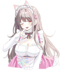Rule 34 | 1girl, alternate costume, animal ears, apron, breasts, brown hair, cat ears, cat girl, cleavage, cropped torso, dress, elbow gloves, gloves, goddess of victory: nikke, horns, large breasts, long hair, looking at viewer, maid, maid apron, maid headdress, mask, mask pull, mouth mask, one eye closed, open mouth, pink dress, red eyes, simple background, smile, solo, viper (nikke), white background, white gloves, yatanukikey