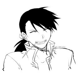 Rule 34 | 1boy, 2022, ^ ^, closed eyes, collarbone, dated, fullmetal alchemist, greyscale, hair between eyes, hair ribbon, highres, ling yao, long hair, low ponytail, male focus, mini (pixiv6327751), monochrome, open mouth, ribbon, signature, simple background, sketch, solo, white background