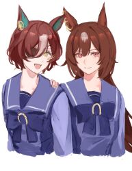Rule 34 | 2girls, animal ears, b qpyz, bow, bowtie, brown hair, closed mouth, cropped torso, eyepatch, hand on another&#039;s shoulder, highres, horse ears, long hair, long sleeves, looking at viewer, multicolored hair, multiple girls, open mouth, purple shirt, red eyes, sailor collar, school uniform, shirt, short hair, simple background, sirius symboli (umamusume), smile, streaked hair, tanino gimlet (umamusume), tracen school uniform, umamusume, upper body, white background, yellow eyes