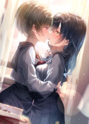 Rule 34 | 2girls, absurdres, black hair, black sailor collar, black skirt, brown hair, chocolate, commentary request, dutch angle, eye contact, grey hairband, hairband, highres, hug, imminent kiss, lens flare, light particles, long hair, long sleeves, looking at another, multiple girls, neckerchief, open mouth, original, parted lips, pink eyes, pleated skirt, red neckerchief, sailor collar, school uniform, serafuku, shared food, shirt, short hair, skirt, sparkle, touki matsuri, valentine, white shirt, yellow eyes, yuri