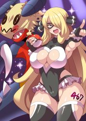 Rule 34 | 1girl, black gloves, black leotard, black thighhighs, blonde hair, body writing, boots, breasts, claws, cleavage, cleavage cutout, clothing cutout, cosplay, covered erect nipples, covered navel, creatures (company), curvy, cynthia (pokemon), fangs, game freak, garchomp, gen 4 pokemon, gen 7 pokemon, gloves, gradient background, grey eyes, grin, hair ornament, hair over one eye, heart cutout, highleg, highleg leotard, highres, knee boots, konno tohiro, large breasts, legs, leotard, long hair, looking at viewer, mask, mimikyu, mimikyu (cosplay), nintendo, open mouth, poke ball, pokemon, pokemon dppt, pun, rainbow mika, rainbow mika (cosplay), shiny skin, smile, street fighter, thighhighs, thighs, thong leotard, upper body, very long hair