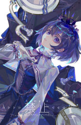 Rule 34 | 1girl, black crown (object), black dress, blue hair, bow, buttons, chess piece, chinese commentary, chinese text, collar, collared jacket, commentary request, cowboy shot, cropped jacket, cross hair ornament, crown, dress, english text, eyelashes, flower, frilled collar, frilled sleeves, frills, hair flower, hair ornament, hand on own chest, high collar, highres, jacket, long dress, long sleeves, looking at viewer, mengyou zhi jia gai, mini crown, mixed-language text, neck ribbon, original, parted lips, plate, puffy long sleeves, puffy sleeves, purple bow, purple eyes, purple flower, purple ribbon, ribbon, sample watermark, short hair, sleeve bow, solo, teeth, watermark, white background, white jacket, white sleeves, x hair ornament