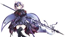 Rule 34 | 1girl, breasts, cape, chain, cleavage, fate/grand order, fate (series), fur-trimmed cape, fur collar, fur trim, gauntlets, headpiece, highres, jeanne d&#039;arc (fate), jeanne d&#039;arc alter (avenger) (fate), jeanne d&#039;arc alter (fate), large breasts, long hair, long skirt, miyabi urumi, open mouth, silver hair, simple background, skirt, smile, solo, thighhighs, white background, yellow eyes