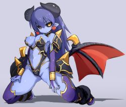 Rule 34 | 1girl, astaroth (shinrabanshou), bare shoulders, black sclera, blue hair, blue skin, breasts, cameltoe, clothing cutout, colored sclera, colored skin, commentary request, demon girl, earrings, grey background, heart, heart earrings, horns, jewelry, karukan (monjya), kneeling, large breasts, leotard, long hair, looking at viewer, medium breasts, navel, navel cutout, pointy ears, shinrabanshou, simple background, solo, tail, thighhighs, wings, yellow eyes