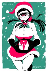 Rule 34 | 1girl, bare shoulders, blush, breasts, christmas, cleavage, closed mouth, dated, earrings, gift, gloves, grey background, hat, head tilt, hitomi sensei no hokenshitsu, holding, holding gift, jewelry, large breasts, long hair, looking at viewer, manaka hitomi, pearl earrings, ponytail, reaching, reaching towards viewer, red eyes, santa costume, santa hat, shake-o, smile, snow, solo, standing, standing on one leg, twitter username