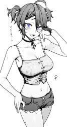Rule 34 | 1girl, ahoge, blush, breasts, cleavage, collarbone, genderswap, genderswap (mtf), greyscale, highres, indie virtual youtuber, kushizaki (vtuber), large breasts, looking at viewer, monochrome, navel, open mouth, purple eyes, short hair, short shorts, shorts, smile, solo, st (youx1119), sweat, translation request, virtual youtuber