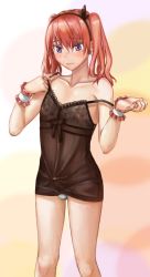 Rule 34 | 1boy, americano beans, americano exodus, androgynous, atsu, blush, bulge, camisole, censored, crossdressing, erection, erection under clothes, hairband, lingerie, male focus, mole, mole under eye, pixiv sample, red hair, see-through, solo, trap, twintails, underwear