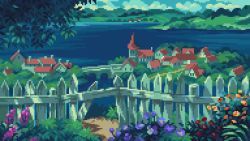 Rule 34 | bridge, building, commentary, day, english commentary, fence, flower, grass, highres, no humans, original, outdoors, pink flower, pixel art, purple flower, rooftop, studio ghibli, tofupixel, town, water