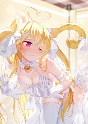 Rule 34 | 1girl, absurdres, ahoge, arm garter, bad id, bad pixiv id, bare shoulders, bell, blonde hair, blush, breasts, cat, cat tail, cleavage, closed mouth, collarbone, commentary request, crossed bangs, dress, eyelashes, gloves, hair between eyes, hair ornament, heart, heart ahoge, highres, lens flare, long hair, medium breasts, niliu chahui, one eye closed, original, qys3, red eyes, ribbon, sidelocks, skindentation, solo, tail, tail ornament, tail ribbon, thighhighs, tokisaki asaba (niliu chahui), two side up, very long hair, wavy mouth, white dress, white gloves, white ribbon, white thighhighs, x hair ornament
