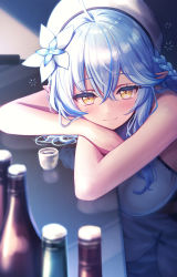 Rule 34 | 1girl, ahoge, blue hair, blurry, blurry foreground, bottle, braid, breasts, choko (cup), closed mouth, crossed arms, cup, deadnooodles, flower, hair between eyes, hair flower, hair ornament, hat, head rest, highres, hololive, large breasts, light blush, looking at viewer, multicolored hair, pointy ears, smile, solo, streaked hair, virtual youtuber, white hat, wine bottle, yellow eyes, yukihana lamy