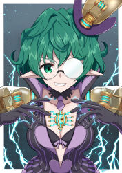 Rule 34 | 1girl, black dress, black gloves, breasts, cleavage, collarbone, commentary request, dress, electricity, electrokinesis, glasses, gloves, green eyes, green hair, grin, hair between eyes, highres, light bulb, looking at viewer, makibane (mkbane), opaque glasses, pandoria (xenoblade), partially opaque glasses, pointy ears, purple gloves, round eyewear, small breasts, smile, solo, striped clothes, striped dress, tilted headwear, upper body, vertical-striped clothes, vertical-striped dress, xenoblade chronicles (series), xenoblade chronicles 2