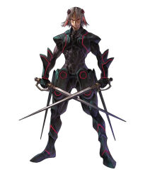 Rule 34 | 1boy, armor, black armor, closed mouth, dual wielding, full armor, full body, grandia, grandia iii, grey hair, holding, holding sword, holding weapon, legs apart, looking at viewer, male focus, multicolored hair, official art, raven (grandia), red eyes, red hair, simple background, solo, standing, streaked hair, sword, two-tone hair, weapon, white background, yoshinari you