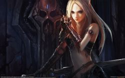 Rule 34 | 1girl, armor, blonde hair, blood, blood elf (warcraft), chenbo, gloves, grey eyes, highres, long hair, navel, pointy ears, signature, skull, solo, sword, warcraft, watermark, weapon, web address, world of warcraft