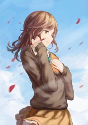 Rule 34 | 1girl, blue sky, brown eyes, brown hair, brown sweater, day, floating hair, frilled skirt, frills, from side, fujimiya kaori, holding, holding notebook, holding pencil, isshuukan friends, long hair, miniskirt, notebook, outdoors, pencil, petals, shuang ye, skirt, sky, solo, standing, sweater, wind, yellow skirt