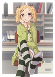 Rule 34 | 10s, 1girl, blonde hair, blush, casino (casinoep), chair, feet, foot focus, foreshortening, grey eyes, hair ornament, hair ribbon, hairclip, hand on own face, highres, hood, hooded jacket, jacket, no shoes, office chair, ribbon, shirobako, short twintails, shorts, sitting, smile, soles, solo, striped clothes, striped thighhighs, swivel chair, thighhighs, twintails, yano erika, zettai ryouiki