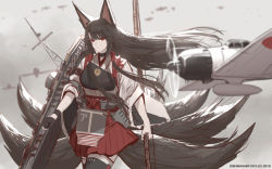 Rule 34 | 1girl, 2019, akagi (azur lane), akagi (kancolle), akagi (kancolle) (cosplay), animal ears, artist name, azur lane, black gloves, black thighhighs, bow (weapon), breasts, brown hair, closed mouth, cosplay, dishwasher1910, floating hair, fox ears, fox tail, gloves, historical name connection, holding, holding bow (weapon), holding weapon, japanese clothes, kantai collection, large breasts, long hair, long sleeves, looking at viewer, multiple tails, muneate, name connection, red eyes, single glove, smile, solo, tail, thighhighs, weapon, wide sleeves