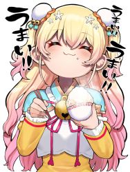Rule 34 | 1girl, :3, ^ ^, bell, blonde hair, blush, bowl, bun cover, chopsticks, closed eyes, double bun, facing viewer, food, food on face, gradient hair, hair bun, highres, holding, holding bowl, holding chopsticks, hololive, jingle bell, long hair, long sleeves, mikan (chipstar182), momosuzu nene, multicolored hair, rice, rice bowl, rice on face, simple background, smile, solo, translation request, upper body, virtual youtuber, white background