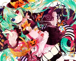Rule 34 | 10s, 1girl, 2016, basket, blue eyes, bow, bowtie, braid, candy, cowboy shot, cross, cross earrings, dated, dress, dutch angle, earrings, food, garter straps, gothic lolita, green hair, halloween, happy halloween, hat, hatsune miku, heterochromia, highres, jewelry, lolita fashion, lollipop, long hair, looking at viewer, mini hat, red eyes, sakurato remi, solo, striped clothes, striped thighhighs, swirl lollipop, thighhighs, tombstone, twintails, very long hair, vocaloid, witch hat