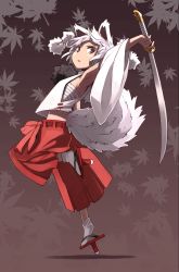 Rule 34 | 1girl, adapted costume, alternate costume, animal ears, arm up, armpits, bad id, bad twitter id, brown background, d@i, detached sleeves, full body, geta, gradient background, hat, highres, image sample, inubashiri momiji, leaf, long sleeves, looking at viewer, maple leaf, open mouth, pants, pom pom (clothes), sarashi, shirt, short hair, socks, solo, string, sword, tail, tengu-geta, tokin hat, touhou, weapon, white hair, white socks, wide sleeves, wolf ears, wolf tail