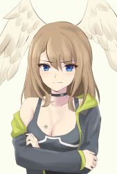 Rule 34 | 1girl, absurdres, black bodysuit, black choker, black jacket, blue eyes, bodysuit, breast tattoo, breasts, brown hair, choker, cleavage, closed mouth, commentary, crossed arms, eunie (xenoblade), fukai asase, head wings, highres, hood, jacket, leather, leather jacket, looking at viewer, medium breasts, medium hair, open clothes, open jacket, smile, solo, tattoo, white wings, wings, xenoblade chronicles (series), xenoblade chronicles 3