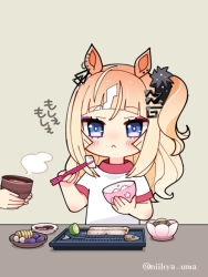 1other :&lt; animal_ears blonde_hair blue_eyes blush bowl chibi chopsticks espoir_city_(umamusume) fish food fruit gradient_hair hair_ornament hair_scrunchie hairclip holding holding_chopsticks horse_ears lime_(fruit) long_hair mopiwo multicolored_hair odd_one_out one_side_up orange_hair plate rice rice_bowl scrunchie shirt short_sleeves solo_focus steam table twitter_username umamusume white_shirt