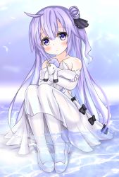 Rule 34 | 1girl, azur lane, bare shoulders, blush, collarbone, commentary request, dress, elbow gloves, gloves, hair between eyes, hair bun, head tilt, high heels, highres, langley1000, long hair, looking at viewer, md5 mismatch, hugging object, pantyhose, parted lips, purple eyes, purple hair, resolution mismatch, revision, shallow water, single hair bun, sitting, solo, source smaller, strapless, strapless dress, stuffed animal, stuffed pegasus, stuffed toy, stuffed winged unicorn, unicorn (azur lane), very long hair, water, white dress, white footwear, white gloves, white pantyhose
