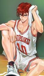 Rule 34 | 1boy, basketball jersey, basketball uniform, bishounen, black eyes, drying, drying hair, foot out of frame, highres, leg up, looking to the side, male focus, nomimono rh, pectoral cleavage, pectorals, red hair, sakuragi hanamichi, shoes, short hair, shorts, sitting, slam dunk (series), sneakers, solo, sportswear, sweat, tank top, toned, toned male, towel, white shorts, white tank top