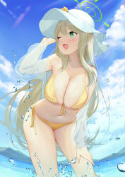 Rule 34 | 1girl, absurdres, ajoe (hakuha k), bikini, blonde hair, blue archive, breasts, cleavage, flower, front-tie bikini top, front-tie top, green eyes, green halo, halo, hand on own thigh, hand up, hat, hat flower, highres, jacket, large breasts, long hair, looking at viewer, looking to the side, nonomi (blue archive), nonomi (swimsuit) (blue archive), ocean, official alternate costume, one eye closed, open mouth, partially submerged, see-through, see-through jacket, side-tie bikini bottom, smile, solo, string bikini, sun hat, swimsuit, very long hair, wet, white hat, yellow bikini