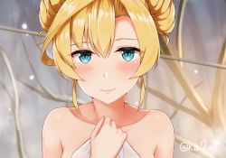 Rule 34 | 1girl, abukuma (kancolle), blonde hair, blush, closed mouth, commentary request, covering privates, double bun, hair between eyes, hair bun, holding, holding towel, ibuki grunt, kantai collection, long hair, looking at viewer, naked towel, nude cover, onsen, smile, solo, tareme, towel, twitter username, upper body, wet