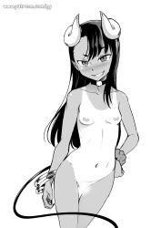 Rule 34 | 1girl, alternate costume, asymmetrical bangs, bangle, blush, bracelet, breasts, censored, choker, completely nude, contrapposto, demon girl, demon horns, demon tail, fingernails, geewhy, greyscale, grin, hand on own hip, highres, horns, ijiranaide nagatoro-san, jewelry, long hair, looking at viewer, monochrome, nagatoro hayase, navel, nipples, nose blush, nude, one-piece tan, pointy ears, pussy, raised eyebrow, scrunchie, sharp fingernails, small breasts, smile, solo, tail, tan, tanline, thigh gap, wrist scrunchie