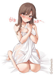 Rule 34 | 1girl, arashio (kancolle), bare legs, bare shoulders, barefoot, blush, breasts, brown eyes, brown hair, collarbone, covering privates, covering breasts, ebifurya, highres, holding, holding towel, kantai collection, kneeling, long hair, looking at viewer, naked towel, nude cover, one-hour drawing challenge, seiza, sitting, solo, sweat, sweatdrop, towel, twitter username, white background