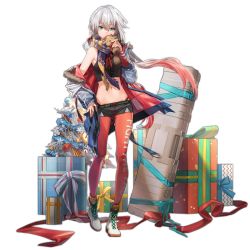 Rule 34 | 1girl, aqua eyes, aqua ribbon, arm warmers, bare shoulders, belt, black shorts, blue coat, breasts, christmas ornaments, christmas tree, coat, covered mouth, crop top, cross-laced footwear, floating hair, full body, fur-trimmed coat, fur trim, gift, girls&#039; frontline, hair between eyes, highleg, highleg panties, holding, jacket, long hair, looking at viewer, low twintails, lwmmg (girls&#039; frontline), lwmmg (my lie in december) (girls&#039; frontline), medium breasts, midriff, multicolored hair, navel, off shoulder, official alternate costume, official art, panties, pantyhose, pink hair, pink pantyhose, purple scarf, red coat, red panties, rff (3 percent), ribbon, scarf, short shorts, shorts, silver hair, sleeveless, solo, standing, stomach, stuffed animal, stuffed toy, transparent background, twintails, two-tone hair, underwear, weapon case, white footwear, wind