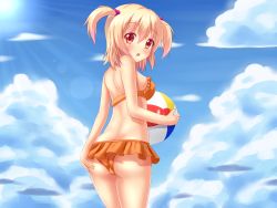 Rule 34 | 1girl, :o, ass, ball, beachball, bikini, bikini skirt, blonde hair, blue sky, blush, breasts, cloud, colored eyelashes, cowboy shot, day, frilled bikini, frills, from behind, hair between eyes, hair bobbles, hair ornament, hand on own ass, holding, holding ball, lens flare, light rays, looking at viewer, looking back, medium breasts, nottytiffy, nova (fastrunner2024), orange bikini, original, outdoors, parted lips, red eyes, round teeth, short hair, sky, solo, standing, summer, sun, sunlight, swimsuit, tareme, teeth, trefoil, two side up