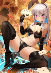 Rule 34 | 2girls, animal ears, arm support, ass, bare shoulders, black footwear, black gloves, black legwear, black panties, bow, bowtie, breasts, card, cleavage, closed mouth, colored inner hair, crop top, detached collar, dutch angle, elbow gloves, fake animal ears, frown, gloves, greentanuki, hairband, high heels, holding, knee up, large breasts, latex, latex gloves, long hair, looking at viewer, midriff, multicolored hair, multiple girls, navel, no bra, original, panties, pink eyes, playing card, poker chip, poker table, rabbit ears, revealing clothes, shiny clothes, silver hair, sitting, skindentation, sleeveless, solo focus, spaghetti strap, spread legs, stomach, table, tearing up, thighhighs, thighs, underwear, wavy mouth, wrist cuffs