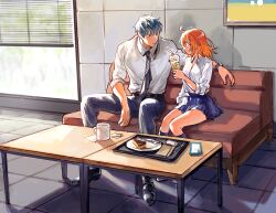 Rule 34 | 1boy, 1girl, ahoge, alternate costume, belt, black belt, black footwear, blue pants, blue skirt, blue socks, cake, cake slice, cellphone, closed mouth, collared shirt, couch, cup, disposable cup, drink, drinking straw, eye contact, fate/grand order, fate (series), food, fork, fujimaru ritsuka (female), grey hair, grey necktie, hair between eyes, hair down, highres, holding, holding cup, holding drink, indoors, kneehighs, looking at another, medium hair, mug, necktie, on couch, orange eyes, orange hair, pants, phone, plate, pleated skirt, saitou hajime (fate), sharing food, shirt, shoes, short hair, sitting, skirt, sleeves past elbows, sleeves rolled up, smartphone, socks, starbucks, table, tile floor, tiles, tray, uni (nico02), watch, white shirt, window, window blinds, wristwatch, yellow eyes
