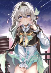 aqua_dress black_hairband cropped_jacket dress firefly_(honkai:_star_rail) hair_ornament hair_ribbon hairband highres honkai:_star_rail honkai_(series) long_sleeves nanahoshi11456 neckerchief orange_neckerchief ribbon rooftop shooting_star teeth v