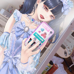 Rule 34 | 1girl, absurdres, album cover, black hair, blue bow, blue dress, blue nails, blunt bangs, bow, brooch, brown eyes, can, cellphone, cover, detached sleeves, dress, earrings, electric guitar, eye glitter, eyeliner, guitar, hair bow, heart, highres, holding, holding phone, indoors, instrument, jewelry, key (kagibangou), licking lips, lips, long hair, makeup, mirror, nail polish, necklace, open mouth, original, phone, photo background, see-through, see-through sleeves, selfie, smartphone, solo, tongue, tongue out, twintails, wardrobe