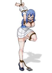 Rule 34 | 1girl, ball gag, bare arms, bare shoulders, bdsm, black background, blue eyes, blue hair, blush, bondage, bound, breast bondage, breasts, cleavage, detached sleeves, fairy tail, gag, juvia lockser, long hair, matching hair/eyes, miniskirt, simple background, sketchlanza, skirt, solo, standing, standing on one leg, strappado, thighhighs, white thighhighs, zettai ryouiki