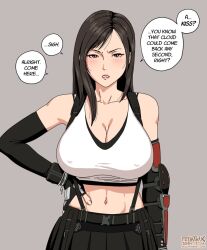 Rule 34 | 1girl, bad tag, big breasts, black hair, covered erect nipples, crop top, facing viewer, fellatrix, female, final fantasy, final fantasy vii, grey background, hand on own hip, looking at viewer, navel, red eyes, reluctant, solo, speech bubbles, talking, talking to viewer, tifa lockhart