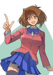Rule 34 | 1girl, absurdres, black thighhighs, blue bow, blue bowtie, blue skirt, bob cut, bow, bowtie, breasts, brown eyes, brown hair, collared shirt, facing viewer, green background, highres, jacket, looking at viewer, mazaki anzu, medium breasts, open mouth, pink jacket, pointing, pointing up, school uniform, shirt, short hair, simple background, skirt, smile, socks, solo, thighhighs, white shirt, youko-shima, yu-gi-oh!, yu-gi-oh! duel monsters