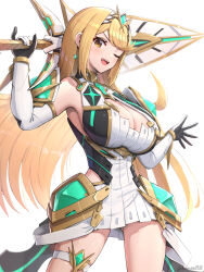 Rule 34 | 1girl, aegis sword (xenoblade), blonde hair, breasts, cleavage, gonzarez, highres, large breasts, long hair, mythra (xenoblade), one eye closed, simple background, solo, very long hair, white background, xenoblade chronicles (series), xenoblade chronicles 2