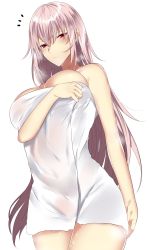 Rule 34 | 1girl, ^^^, alternate hairstyle, arm at side, bare shoulders, breast hold, breasts, closed mouth, covered navel, cowboy shot, fate/grand order, fate (series), florence nightingale (fate), from below, hair down, highres, large breasts, long hair, looking at viewer, looking down, naked towel, onineko-chan, shiny skin, simple background, solo, standing, straight hair, thighs, towel, very long hair, water drop, wet, wet hair, white background