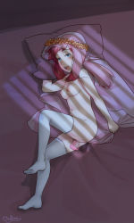Rule 34 | 1girl, bed, blue eyes, blush, breasts, creatures (company), female focus, game freak, highres, looking at viewer, lying, medium breasts, melody (pokemon), navel, nintendo, nipples, nude, on side, open mouth, pillow, pokemon, pokemon (anime), pussy, pussy juice, red hair, roarke (lavenderincubus), sex toy, short hair, solo, tears, thighhighs, uncensored, veil, vibrator