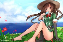 Rule 34 | 10s, 1girl, bare hips, bare legs, barefoot, brown eyes, brown hair, cloud, cloudy sky, day, dress, elbow gloves, food, gloves, grass, hair between eyes, hair ribbon, hat, kakigouri, kantai collection, long hair, looking at viewer, ocean, outdoors, pelvic curtain, popsicle, ribbon, short dress, side slit, single elbow glove, sketch, sky, solo, straw hat, thighs, tone (kancolle), tone kai ni (kancolle), twintails