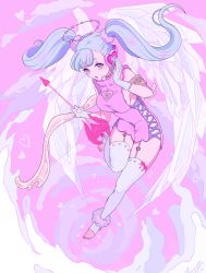 Rule 34 | 1girl, absurdres, angel, angel wings, armband, arrow (projectile), blue eyes, blue hair, bow (weapon), breasts, clothes between thighs, clothing cutout, cloud, commentary request, cross-laced clothes, dress, eyeball, full body, garter straps, gloves, halo, hand on headwear, headset, heart, heart arrow, heart cutout, highres, holding, holding bow (weapon), holding weapon, lace, lace-trimmed gloves, lace trim, leg up, light blue hair, microphone, no shoes, open mouth, original, pastel colors, pink dress, pink sky, short dress, short twintails, sideboob, sky, solo, twintails, usagiboshi shizuka, weapon, white gloves, white legwear, wings