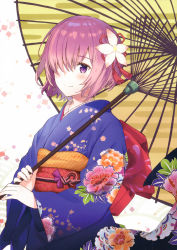 Rule 34 | 1girl, absurdres, blush, closed mouth, fate/grand order, fate (series), flower, hair flower, hair ornament, hair over one eye, haru (hiyori-kohal), highres, holding, holding umbrella, huge filesize, japanese clothes, kimono, long sleeves, looking at viewer, mash kyrielight, mash kyrielight (grand new year), obi, official alternate costume, oil-paper umbrella, purple eyes, purple hair, purple kimono, red ribbon, ribbon, sash, scan, short hair, simple background, smile, solo, tassel, umbrella, upper body, white background, wide sleeves